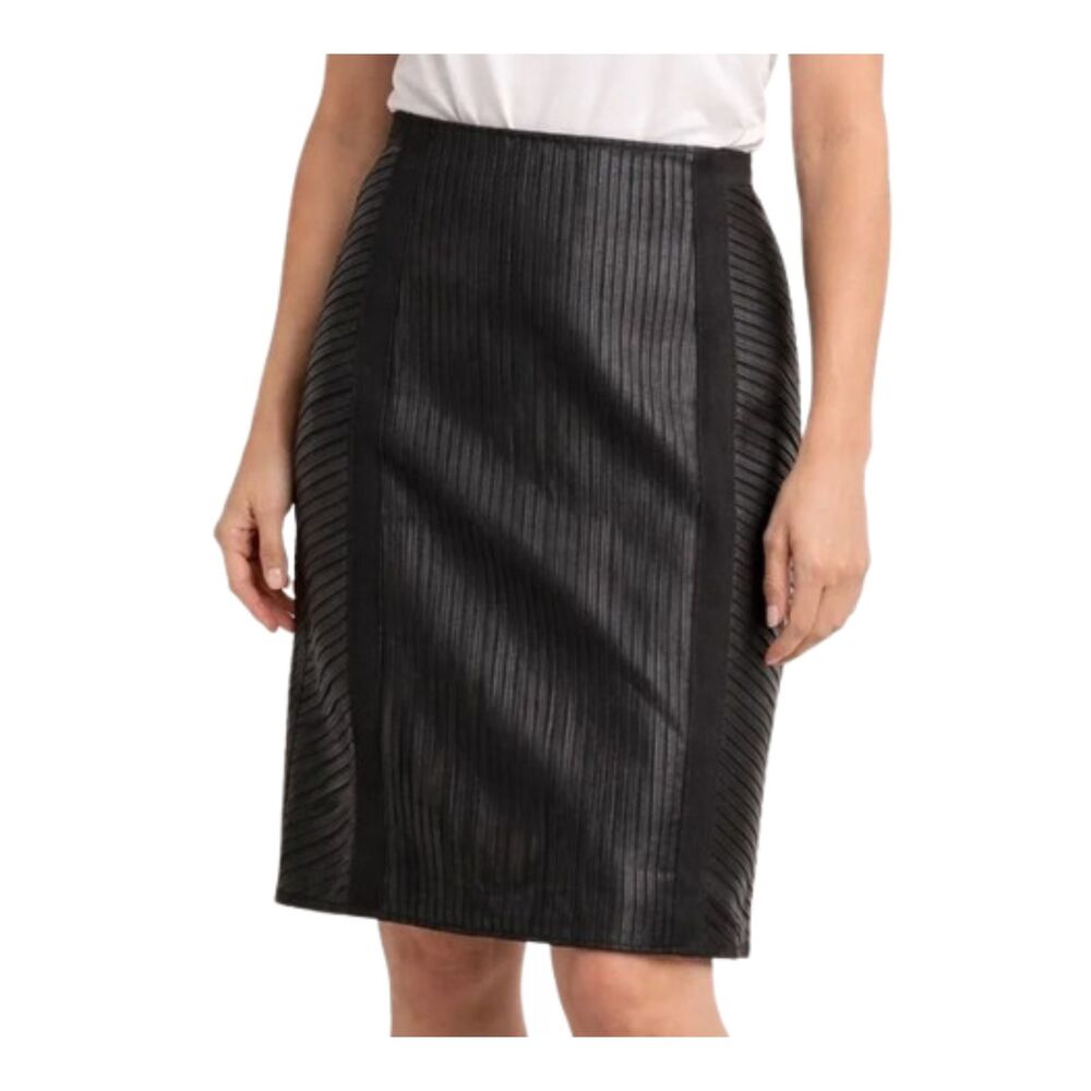 PINK TARTAN Black Paneled Leather Strips Textured Ribbed Pencil Skirt Size 10